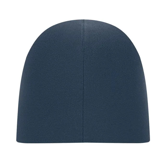 Beanie unisex din bumbac albastru inchis vazut din spate cu textura tricotata si cusatura centrala