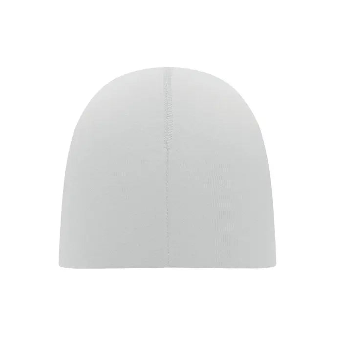 Beanie unisex din bumbac alb solid cu cusatura verticala subtila pe mijloc realizat din tricot fin