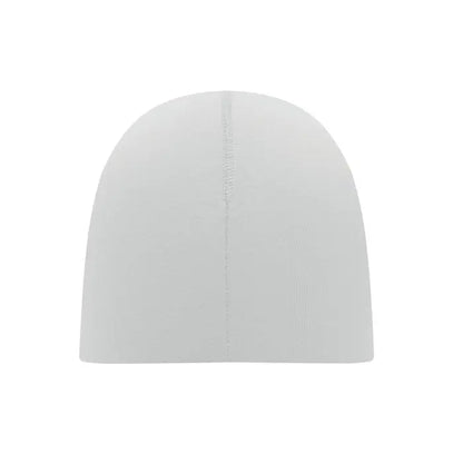 Beanie unisex din bumbac alb solid cu cusatura verticala subtila pe mijloc realizat din tricot fin