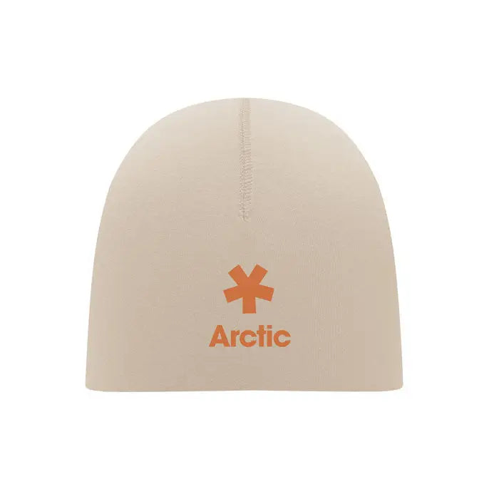Beanie unisex din bumbac bej cu logo portocaliu si emblema stea