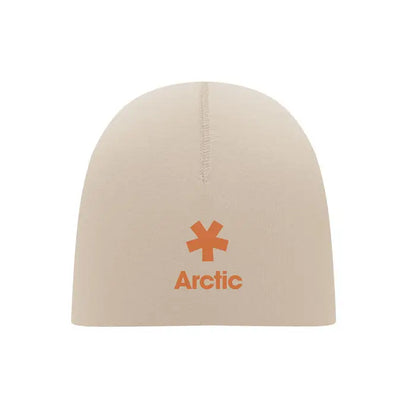 Beanie unisex din bumbac bej cu logo portocaliu si emblema stea