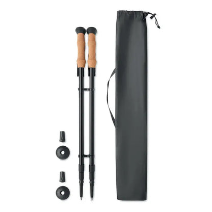 Bele de mers nordic trekking poles negre cu mansoane din pluta tan si sectiuni reglabile negre cu sac de transport cu snur
