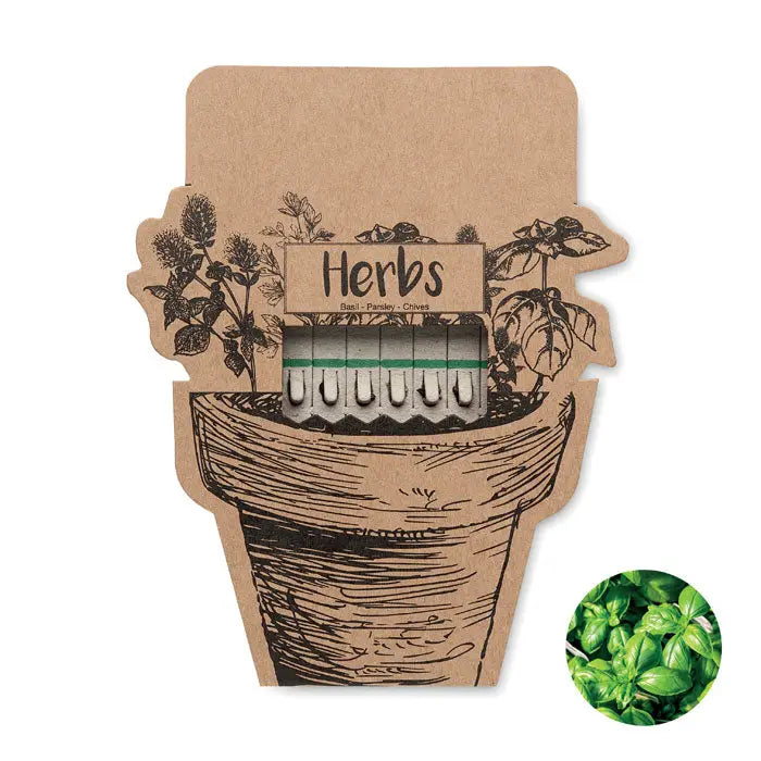 Betisoare de seminte de ierburi pachet de carton maro in forma de ghiveci cu seminte de busuioc, patrunjel si chives