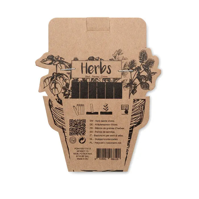 Pachet maro din carton in forma de ghiveci cu ilustratii negre de ierburi si betisoare de seminte de ierburi