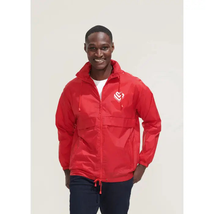 Blazer de vant unisex surf roșu din nylon ușor cu logo inima albă pe piept și șnururi asortate