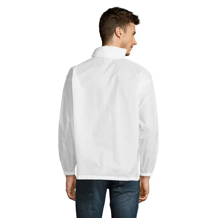 Blazer de vant unisex surf alb din nailon usor cu guler ridicat si mansete elastice