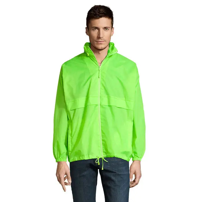 Blazer de vant unisex surf cu gluga si fermoar frontal in verde neon rezistent la apa