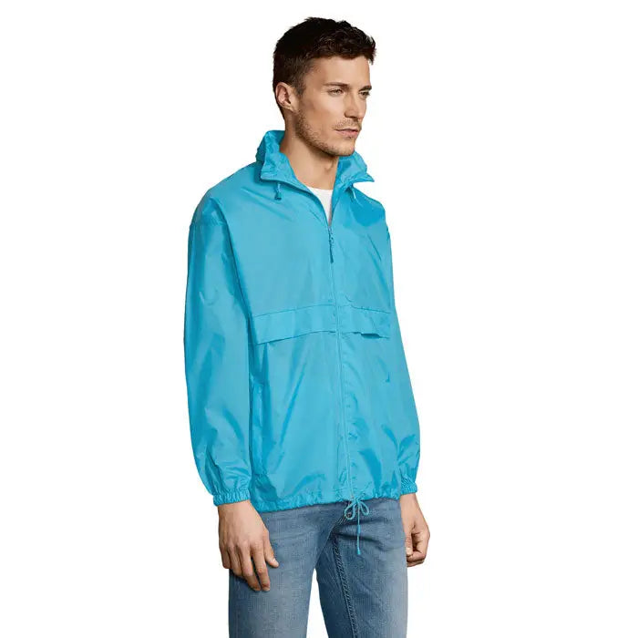 Blazer de vant unisex surf albastru turcoaz cu fermoar frontal si guler inalt din material usor si rezistent la vant