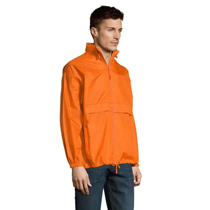 Blazer de vant unisex surf cu gluga, jacheta portocalie usoara cu guler inalt si fermoar frontal