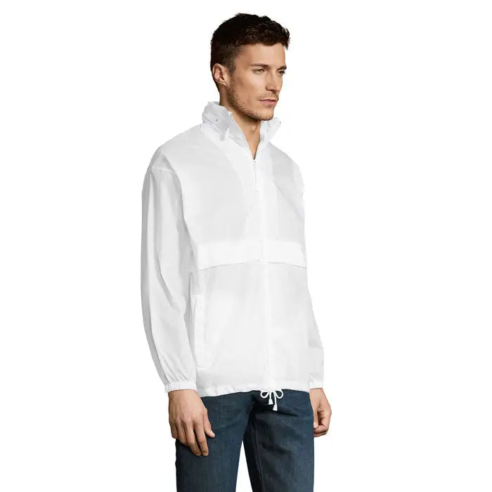Blazer de vant unisex surf alb jacheta usoara cu guler inalt si tiv reglabil cu snur