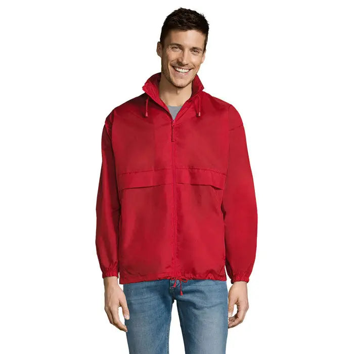 Blazer de vant unisex surf roșu din nailon ușor cu glugă și fermoar frontal pentru protecție ușoară