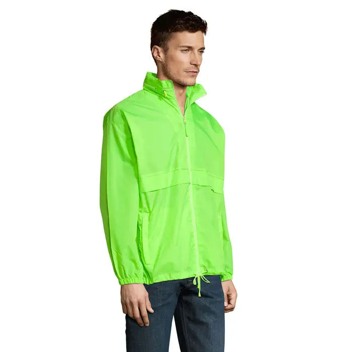 Blazer de vant unisex surf verde neon jachetă windbreaker ușoară cu fermoar frontal și tiv cu șnur