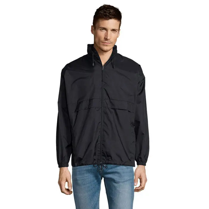 Blazer de vant unisex surf din nailon negru cu guler inalt si fermoar frontal ideal pentru vant