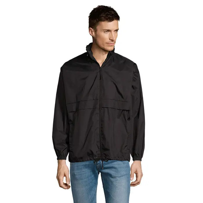 Blazer de vant unisex surf din nailon negru cu fermoar pe toată lungimea și manșete elastice
