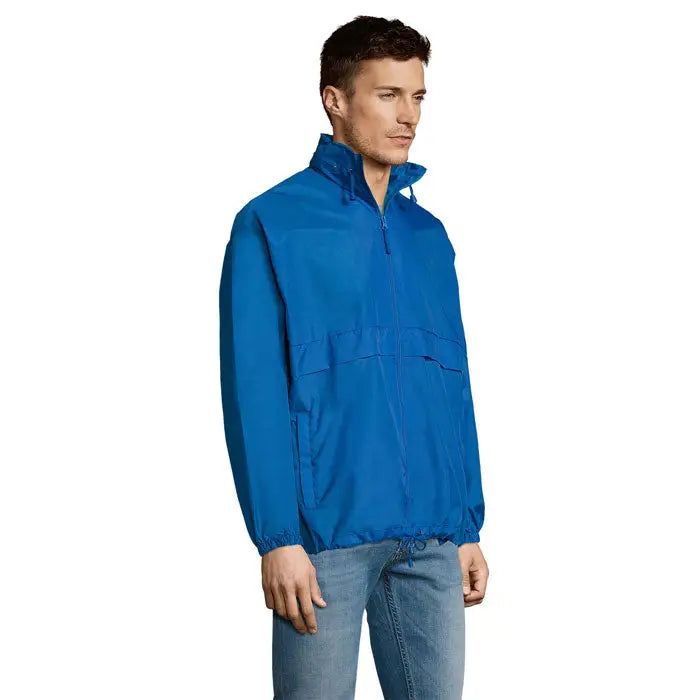 Blazer de vant unisex surf albastru regal vibrant, jachetă ușoară impermeabilă cu guler înalt și fermoar frontal