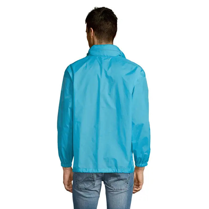 Blazer de vant unisex surf de culoare turcoaz deschis, jachetă windbreaker ușoară cu guler clasic și manșete elastice