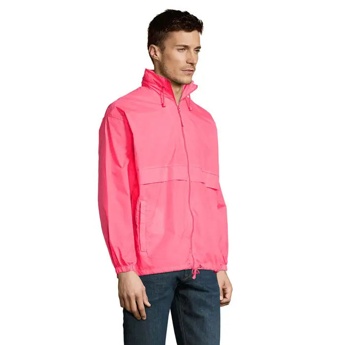 Blazer de vant unisex surf roz aprins din nailon usor cu guler inalt si gluga cu snur