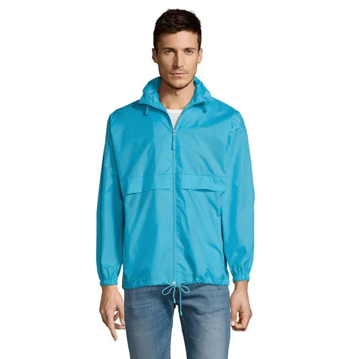 Blazer de vant unisex surf intr-o nuanta turcoaz deschis cu gluga inchidere frontala cu fermoar si talie cu snur