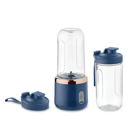 Blender portabil albastru și auriu roz cu bol de sticlă transparent pentru mixare portabilă