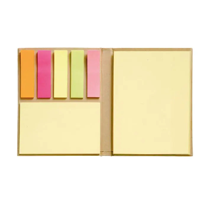 Bloc de note adezive reciclat din hartie kraft bej cu cinci notite colorate si o foaie galbena mare