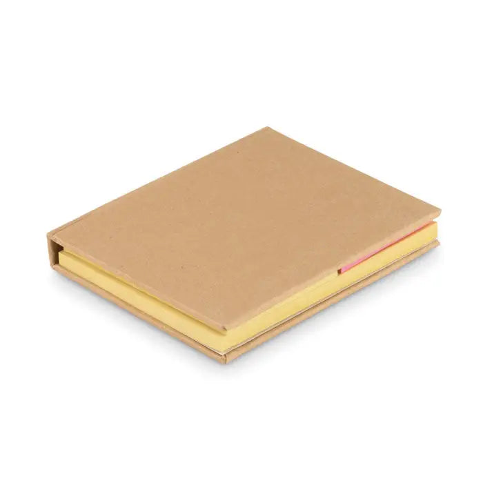 Bloc de note adezive reciclat compact acoperit cu hartie kraft cu note adezive galbene si una roz pe lateral