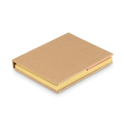 Bloc de note adezive reciclat compact acoperit cu hartie kraft cu note adezive galbene si una roz pe lateral