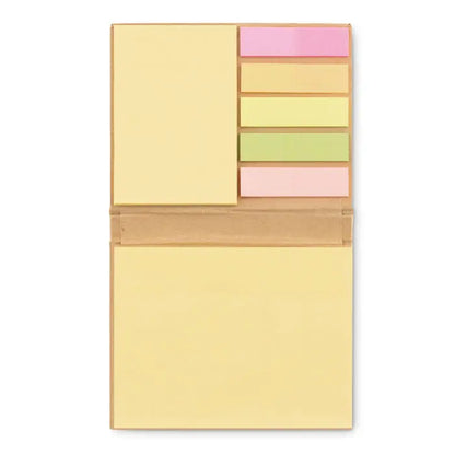 Bloc de note adezive reciclat cu culori pastelate intr-un suport din carton bej pentru organizare usoara