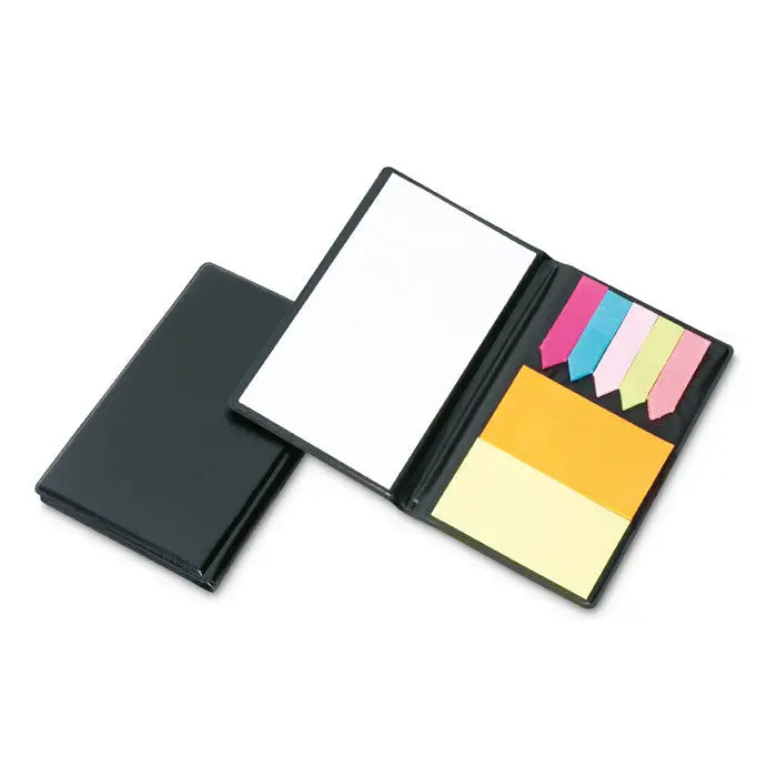 Bloc de note cu marcatoare de pagina din piele eco neagra cu pagini albe si sticky notes colorate