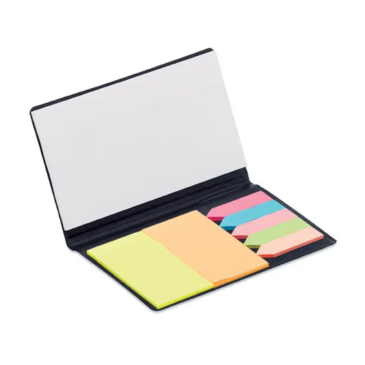 Bloc de note cu marcatoare de pagina din piele ecologica neagra cu sticky notes colorate neon galben portocaliu roz albastru si verde