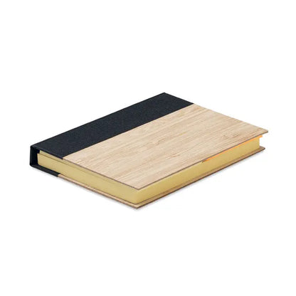 Bloc de note lipicios din bambus cu coperta eleganta doua nuante si textură lemn deschis si tesatura neagra
