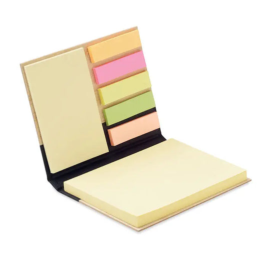 Bloc de note lipicioase din bambus cu organizator bej si negru si cinci notesuri colorate pastel pentru marcare eficienta