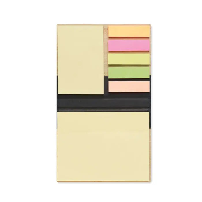 Bloc de note lipicioase din bambus cu suport dreptunghiular, elastic negru si notite colorate pastel