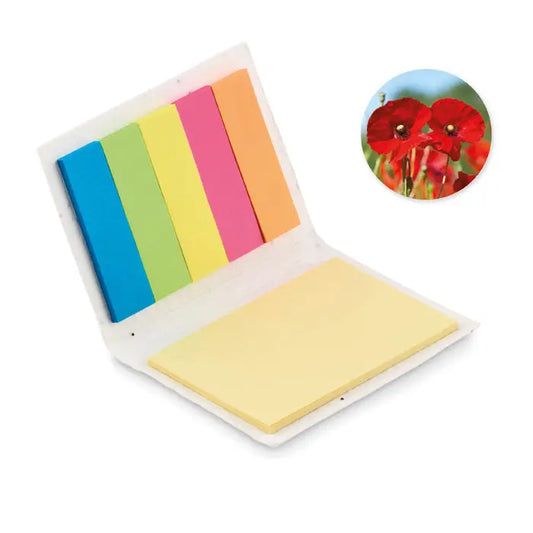 Bloc de note lipicios din hartie cu seminte alb cu note autocolante colorate albastru verde galben roz portocaliu