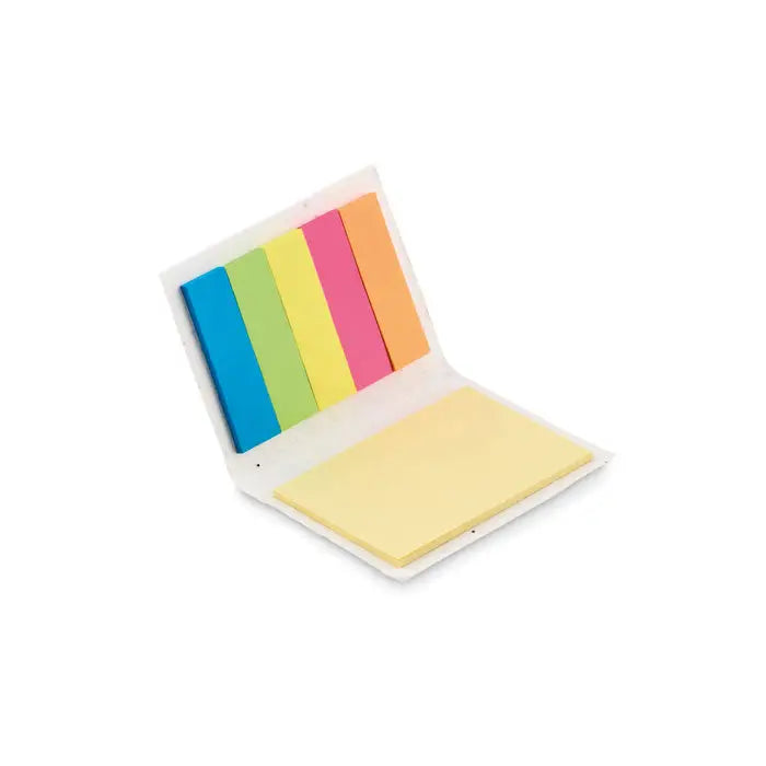 Bloc de note lipicioase din hartie cu seminte alb din plastic cu cinci benzi colorate si un bloc galben dreptunghiular