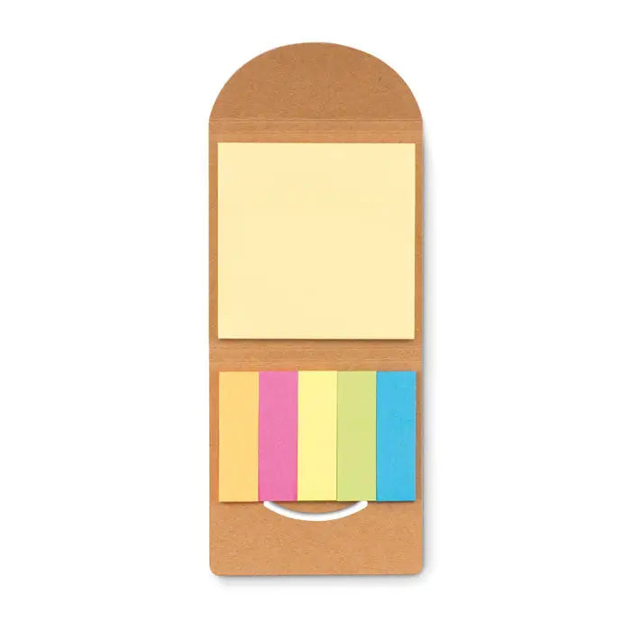 Bloc de note lipicioase din pluta cu suport din hartie kraft maro, notite galbene mari si colorate mici pentru organizare
