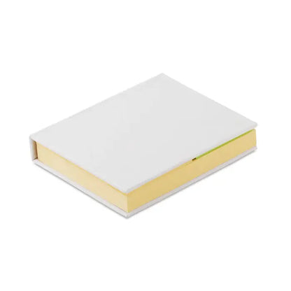 Bloc de note lipicioase alb dreptunghiular cu o teaca vizibila de notite adezive galbene pale pe lateral