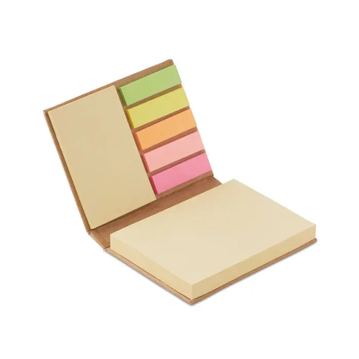 Bloc de note lipicioase cu coperta din hartie kraft si sase benzi adezive colorate in verde, galben, portocaliu, roz si doua nuante de piersica