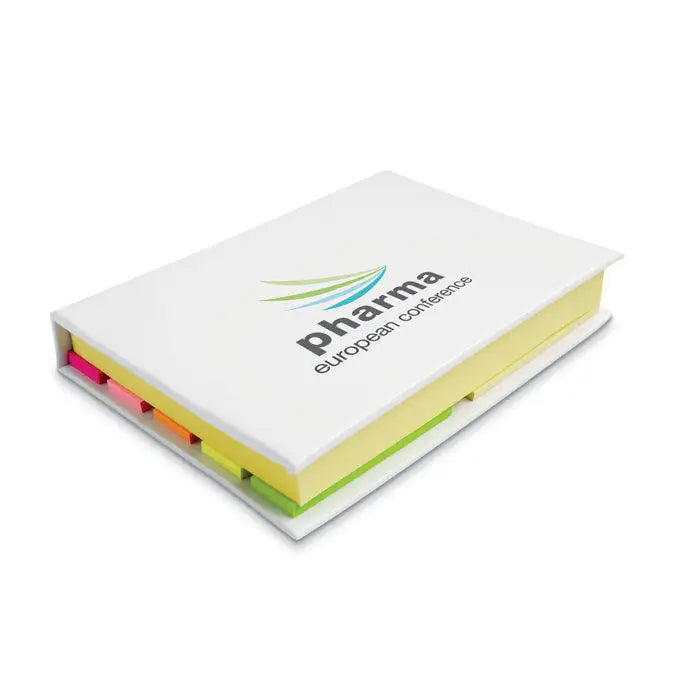 Bloc de note lipicios alb cu file in forma de carte si etichete colorate cu logo pharma european conference pe coperta