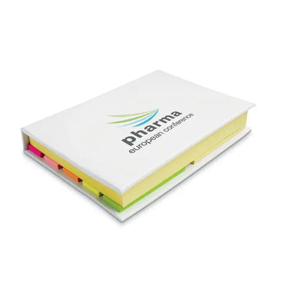 Bloc de note lipicios alb cu file in forma de carte si etichete colorate cu logo pharma european conference pe coperta