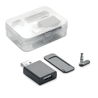Blocant de date si audio pentru camerele web cu adaptor negru usb-a la jack audio 3.5mm cu design dreptunghiular mat