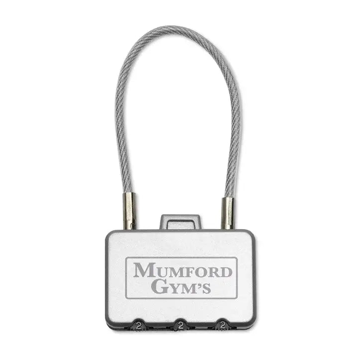 Blocare de securitate cablu argintiu cu gravura mumford gym pentru protecția echipamentelor sportive