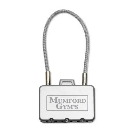 Blocare de securitate cablu argintiu cu gravura mumford gym pentru protecția echipamentelor sportive