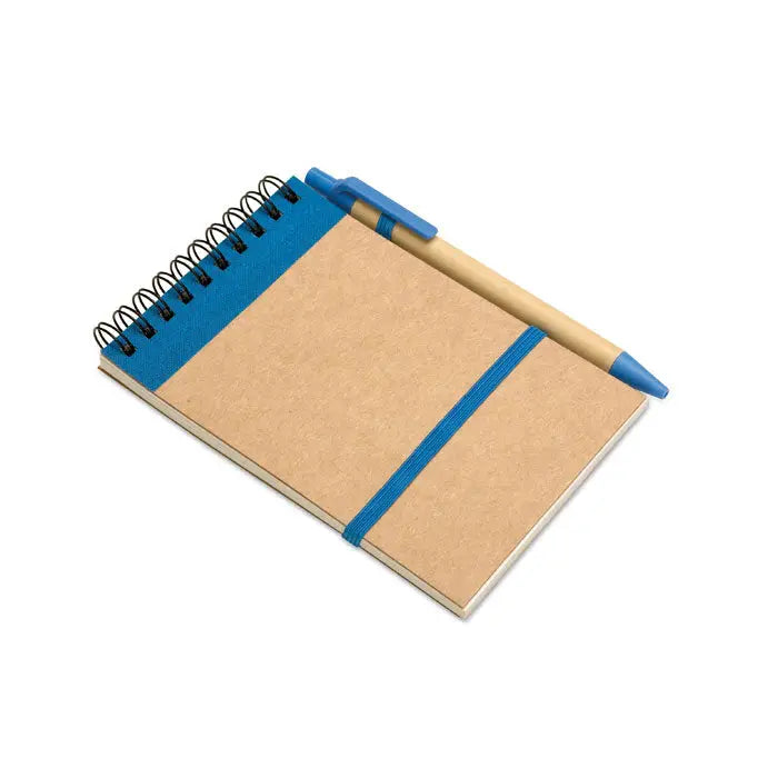 Blocnotes a6 reciclat albastru si bej cu stilou asortat spiralat pentru notite elegante si ecologice