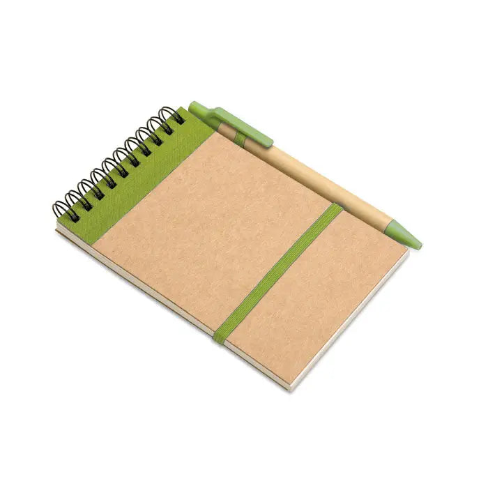 Blocnotes a6 reciclat cu stilou un carnet spiralat eco prietenos cu coperta kraft si penita verde cu pix din lemn verde