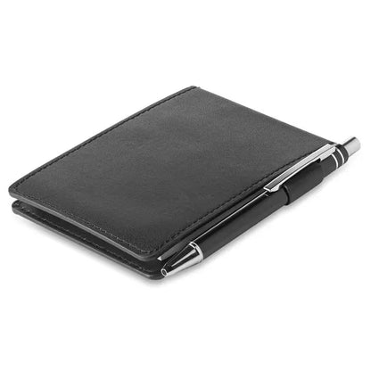 Blocnotes a7 cu husă din piele ecologică neagră și stilou asortat cu accente argintii pentru notițe elegante