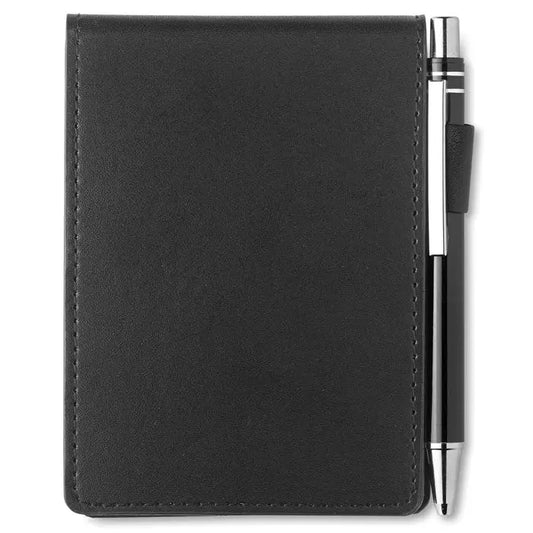 Blocnotes a7 din piele ecologica neagra cu stilou atașat pe lateral pentru notite rapide