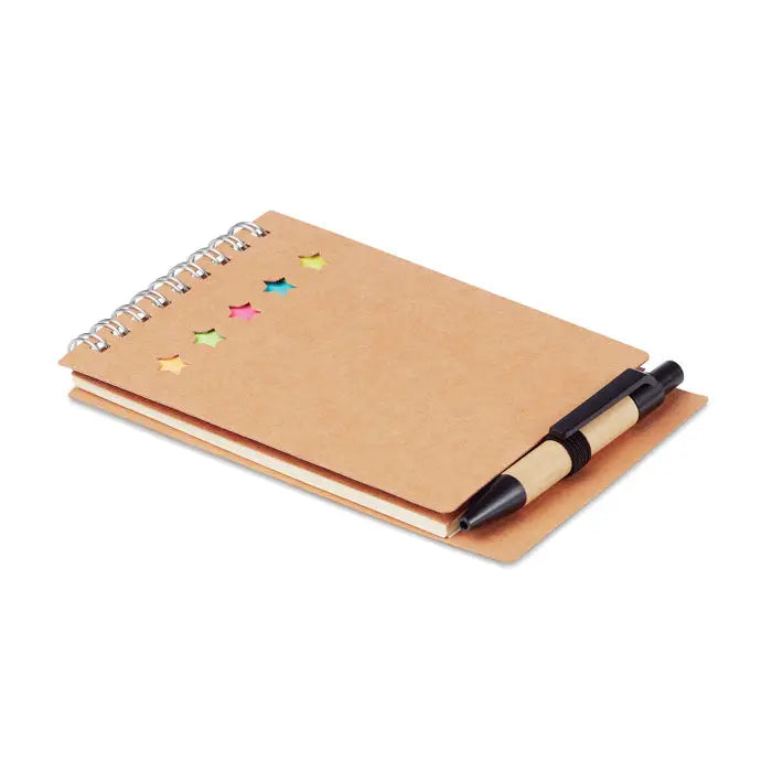 Blocnotes cu pix si bloc de note kraft spiralat cu stickere stelute colorate si pix asortat in buzunar