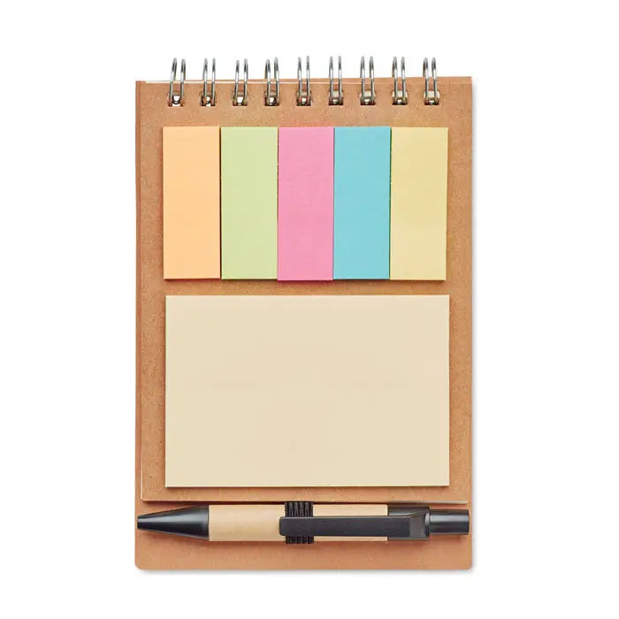 Blocnotes cu pix si bloc de note compact eco-friendly cu copertă din plută și notițe adezive colorate pastel