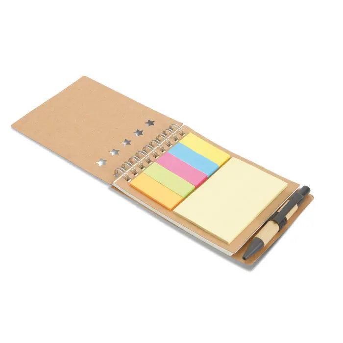 Blocnotes din hartie kraft maro cu pix atasat si notite adezive colorate pentru organizare eficienta