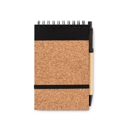 Blocnotes din pluta a6 cu spiral negru si elastic, stilou asortat prins pe lateral pentru notite usoare